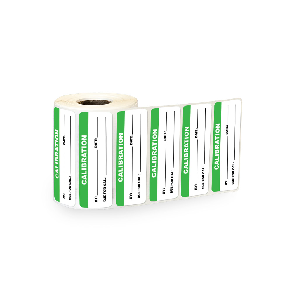 "Calibration" with "By __," "Date __" & "Due for Cal __" Rectangular Paper WriteOn Label with